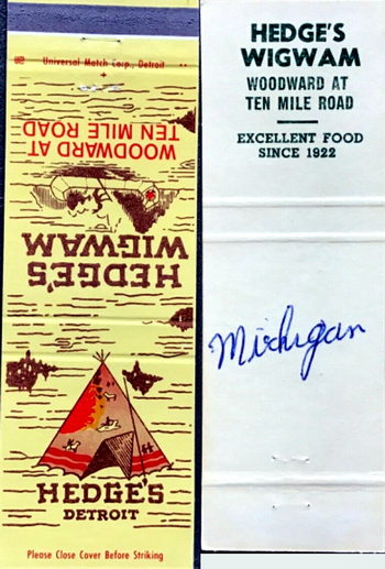 Hedges Wig Wam Restaurant - Matchbook (newer photo)